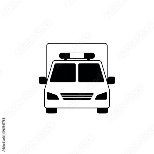 Front view of an ambulance with emergency lights.