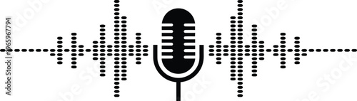 Vintage microphone silhouette illustration, black audio waveform design for podcasting, radio broadcasting, recording studio, and digital sound editing.
