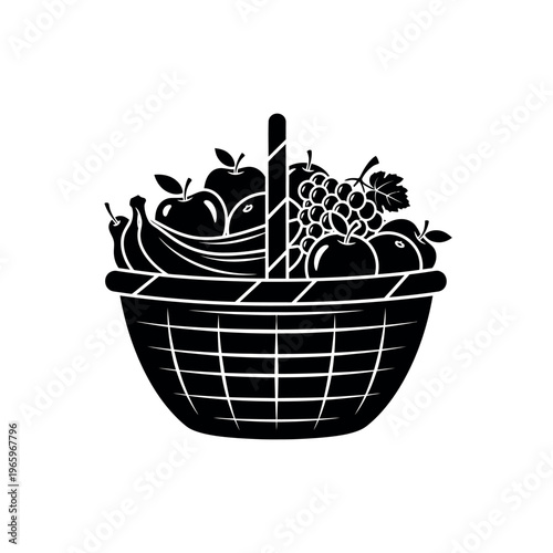 Fruit Basket Silhouette Black and White Illustration.