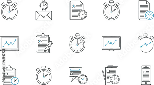 Time Management and Productivity Icon Set Featuring Stopwatch, Calendar, Task Management, and Performance Tracking for Websites, Apps, and Digital Media