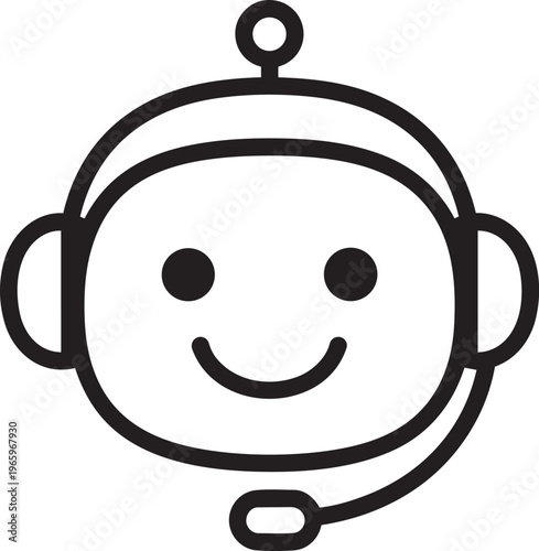 Outline vector icon of round chatbot robot with headset representing artificial intelligence customer support virtual agent