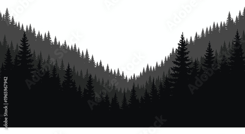 A stark layered forest landscape is depicted in grayscale showcasing a dramatic contrast and a bold silhouette high quality professional detailed