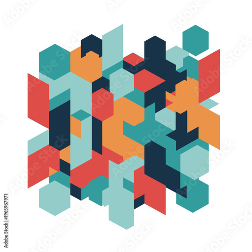 Vibrant geometric shapes on white background, conveying modernity and creativity, ideal for design and innovation concepts.