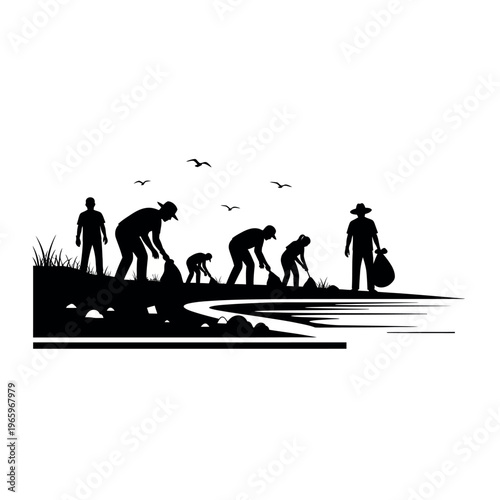 People Cleaning Up River Bank Silhouette.