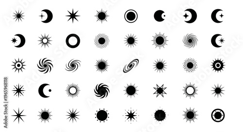 Collection of celestial bodies, including stars, moons, and galaxies, in a minimalist style.