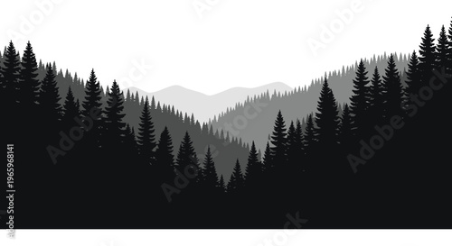 A stark monochromatic landscape depicts layered mountain ranges and dense forest trees in a striking silhouette high quality professional detailed modern
