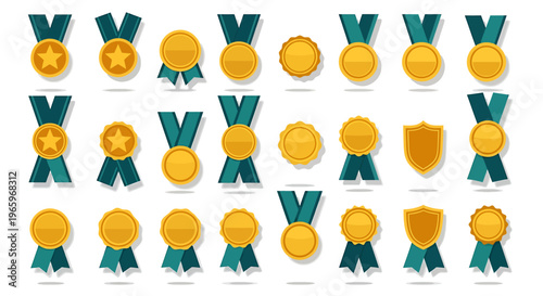 Collection of golden medals with ribbons for achievements and awards on white background.