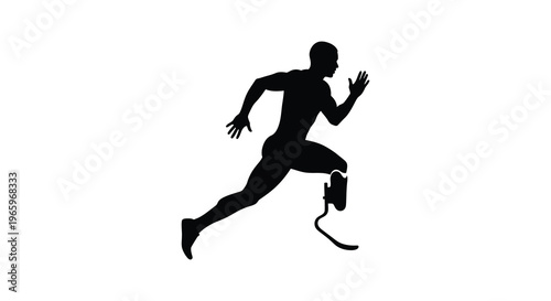 A dynamic image of a male athlete with a prosthetic leg captured in mid stride during a run silhouette high quality professional