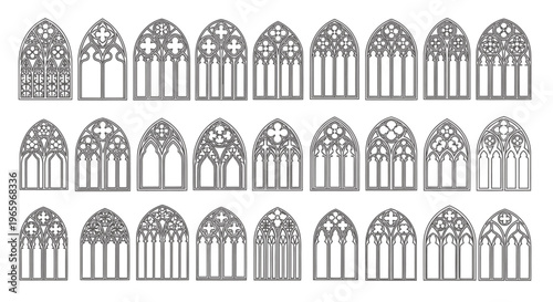 Collection of Gothic arched windows with intricate tracery patterns in a row.