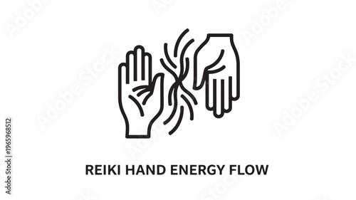 Minimalist black and white line art depicting Reiki hand energy flow, ideal for wellness, holistic health, meditation, and spiritual healing content in marketing and educational materials.