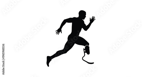 A dynamic depiction of a male athlete in motion showcasing a prosthetic leg and determined stride silhouette high quality professional