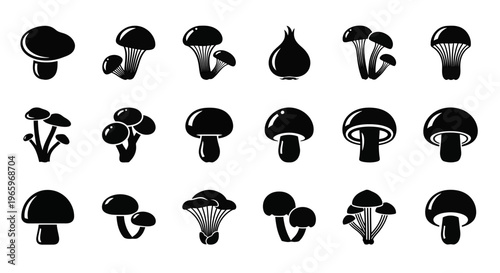 Collection of various mushroom silhouettes in black and white, perfect for design.