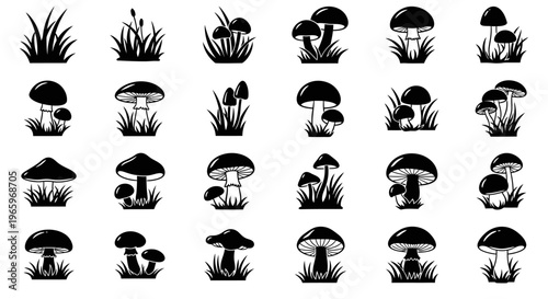 Collection of various mushroom silhouettes with grass, perfect for design elements.