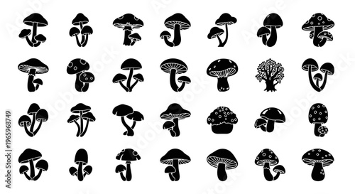 Collection of various stylized mushroom silhouettes in black and white, perfect for design.