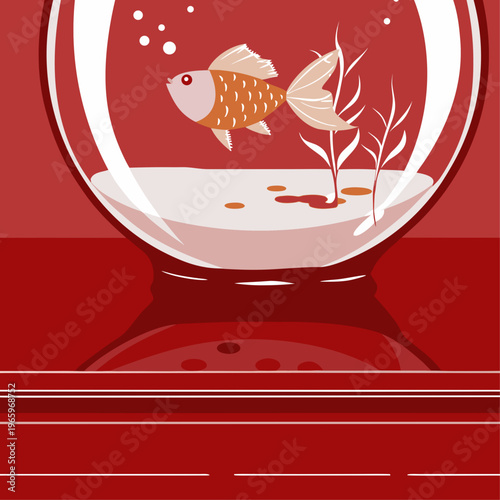 Cute Goldfish in Glass Aquarium Bowl Isolated Vector Illustration