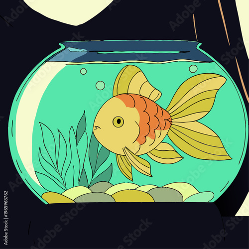 Cute Goldfish in Glass Aquarium Bowl Isolated Vector Illustration