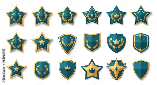 Collection of various star and shield shaped military badges and emblems.
