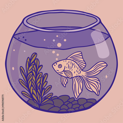 Cute Goldfish in Glass Aquarium Bowl Isolated Vector Illustration