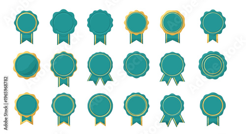 Collection of various teal colored award badges with ribbons on white background.