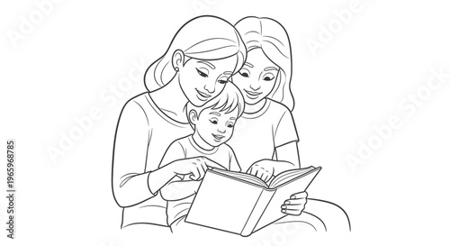 Family reading book line art vector, mother and children enjoying story time illustration, black and white coloring page for kids and parents