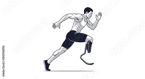 An athlete with a prosthetic leg sprints forward in a dynamic pose showcasing resilience and determination a striking silhouette