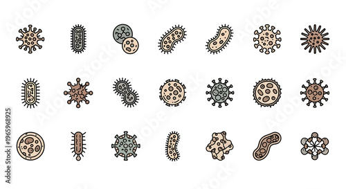 Diverse collection of various microorganisms, showcasing different shapes and structures.