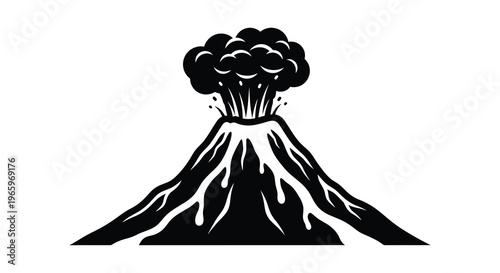 A dramatic black silhouette depicts a volcanic eruption with flowing lava and billowing smoke creating a stark landscape silhouette high quality