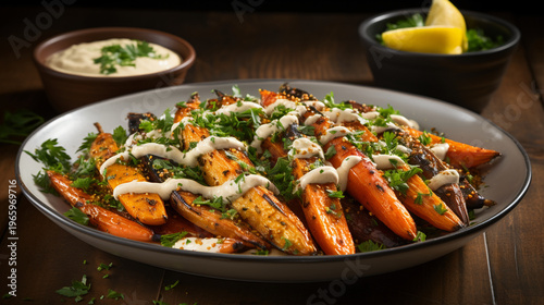 Roasted Carrots: A culinary masterpiece featuring tender, roasted carrots, drizzled with a creamy sauce and sprinkled with fresh herbs, showcasing the vibrant flavors and textures of a gourmet dish.