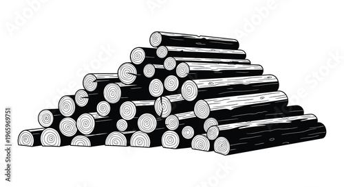 A stacked pile of freshly cut logs is depicted in a striking black and white illustration creating a dramatic silhouette