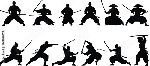Silhouettes of samurai warriors practicing traditional Japanese swordsmanship with katanas, martial arts stances, combat training, cultural discipline