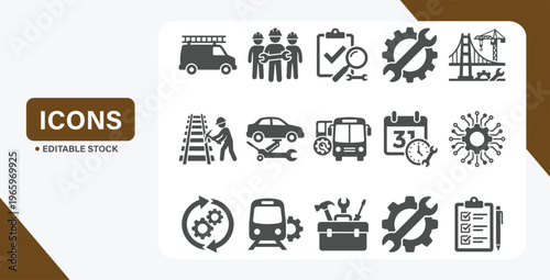 Maintenance and repair icon set: tools, transport, infrastructure, service schedules, and technical work symbols