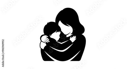 Mother hugging child silhouette vector, loving mom and baby embrace icon, maternal care and family bond illustration, black and white parent graphic