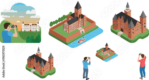 Isometric historic castle landmarks with tourists photographing architecture travel scene detailed 3D illustration collection European heritage tourism concept set