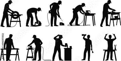 Silhouettes of workers using hand tools, power tools, and equipment in carpentry, woodworking, construction, DIY, and manual labor tasks