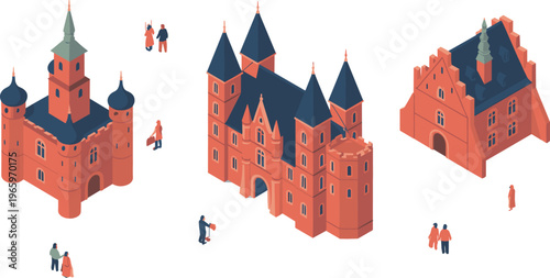 Isometric medieval castle buildings set with towers fortress historic architecture people scene detailed 3D illustration collection