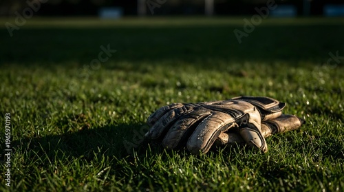 Goalkeeper gloves on grass with dramatic lighting creating strong sport background.