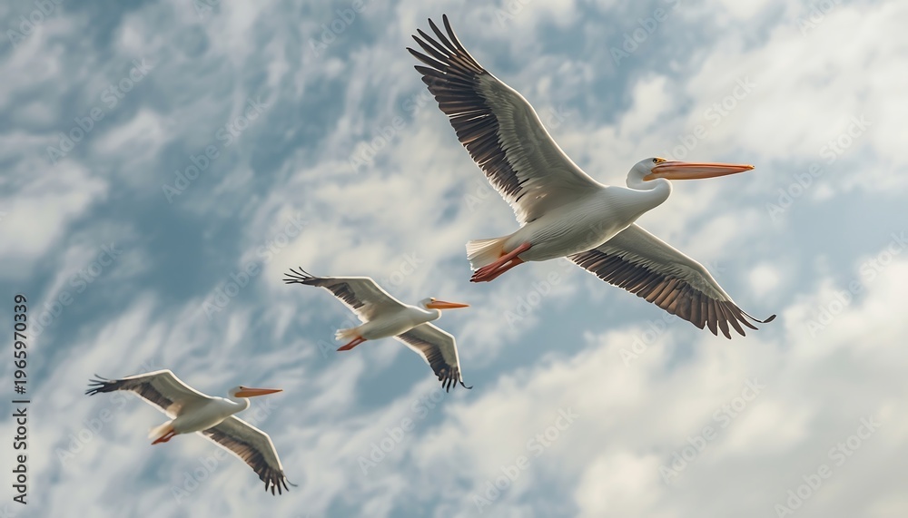 Obraz premium Three majestic white pelicans glide effortlessly through a dynamic blue sky adorned with soft, scattered clouds.