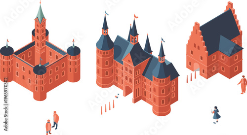 Isometric medieval European buildings set with castle fortress historic houses and people scene detailed 3D illustration collection