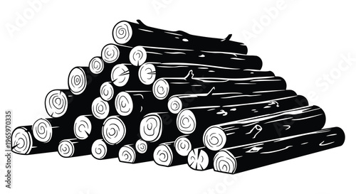 A neatly stacked pile of freshly cut logs displaying circular wood grain patterns presented as a silhouette high quality professional detailed