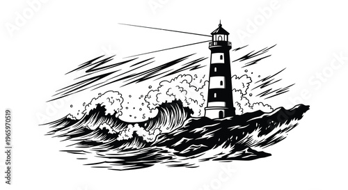 Photography A dramatic depiction of a lighthouse battling stormy seas with waves crashing ag