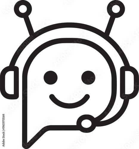 Outline vector icon of robot chat bubble with headset representing artificial intelligence virtual customer support agent