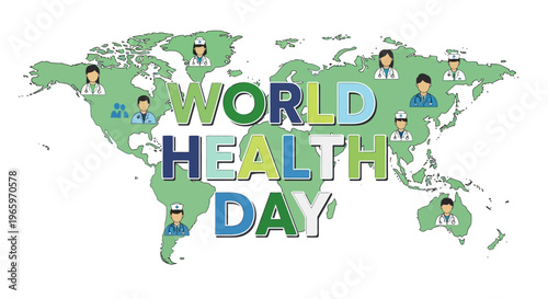A clean and modern flat design vector illustration featuring "World Health Day" typography alongside universal health symbols like a globe, heart, and medical cross, conveying global well-being. 