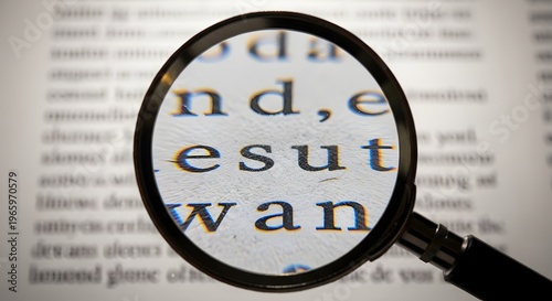 Magnifying glass over text, search, research, study, close-up detail.