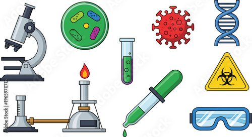 Laboratory and Science Equipment Icons Set Featuring Microscope, Test Tube, DNA, Virus, and Safety Gear for Research and Science Experiments