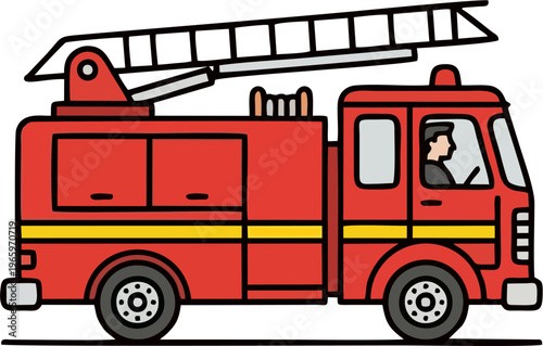 Red Fire Truck with Firefighter Driver Minimal Line Art Vector Illustration — Simple Cute Ladder Firetruck Side View with Yellow Stripe Flat Outline Design