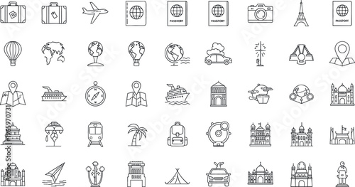 Travel and Adventure Icon Set Featuring Luggage, Airplane, Landmarks, Maps, and Tourist Destinations for Websites, Apps, and Digital Media