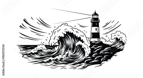 A dramatic illustration depicts a lighthouse amidst crashing waves and swirling winds rendered in striking black and white silhouette high quality