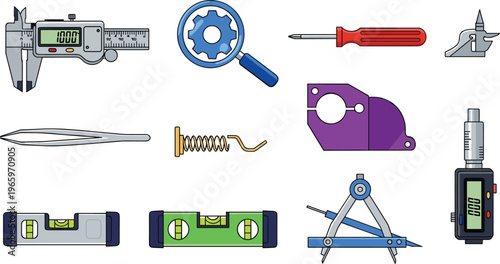 Measurement and Precision Tools Icons Set Featuring Caliper, Magnifying Glass, Screwdriver, Tweezers, and Level for Technical Work