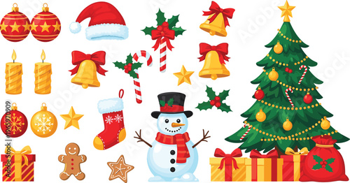 Large collection of Christmas vector holiday icons featuring decorated tree with gifts snowman gingerbread man santa hat and festive ornaments on white.