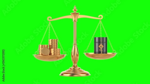 Black steel oil drum and money on scale. Isolated 3D illustration on green background